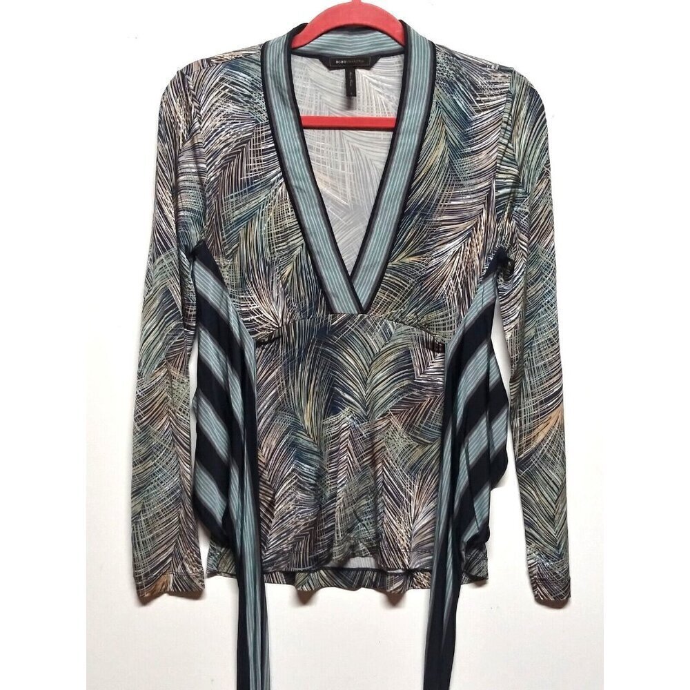 BCBG Maxazria Wrap Top Sz S/M deep V neck waist ties Green tan blue STRETCH EUC